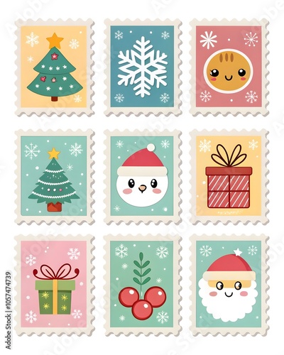 Stamps with Christmas Symbols Santa Claus and Snowman and Christmas tree