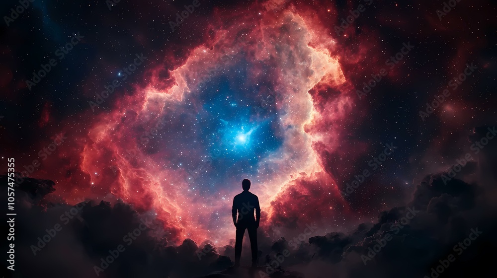 The image shows a silhouette of a man standing in front of a bright red and blue nebula with a bright star in the center. The man is looking up at the nebula. The image shows a silhouette of a man standing in front of a bright red and blue nebula with a bright star in the center. The man is looking up at the nebula.
