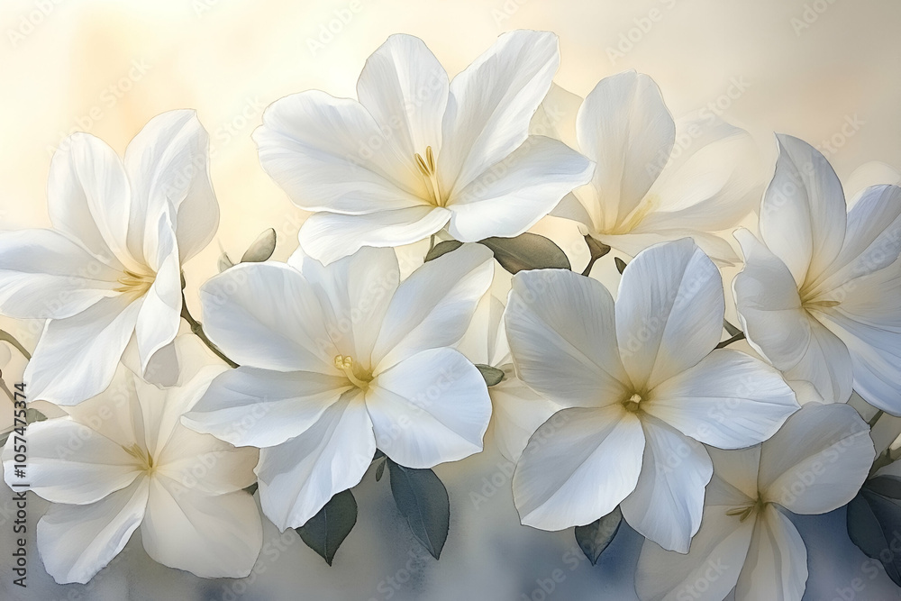Naklejka premium A serene arrangement of elegant white flowers against a soft, blurred background, evoking feelings of peace and tranquility.