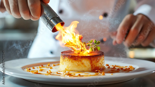 Chef with a culinary torch - High-definition image of a chef using a culinary torch to caramelize a dessert 
