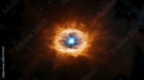 A bright blue star shines in the center of an orange nebula, surrounded by a field of twinkling stars.