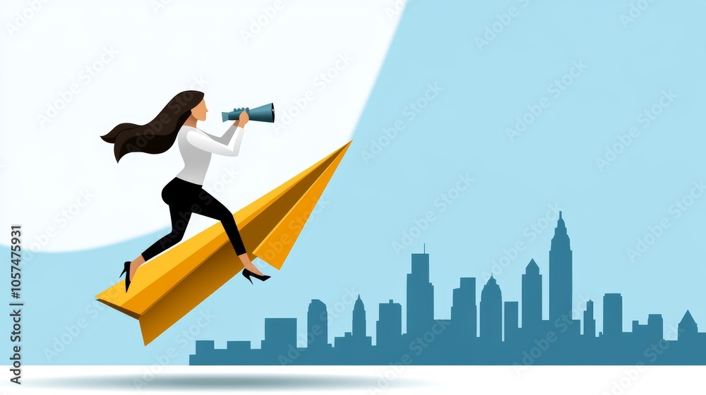 Businesswoman Flying Paper Airplane with Telescope City Skyline Ambition Success Goals Businesswoman Flying Paper Airplane with Telescope City Skyline Ambition Success Goals