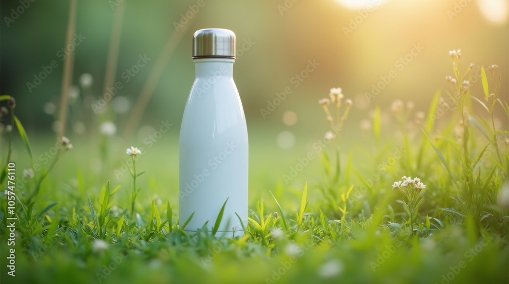 Stainless Thermo Bottle on Grass. Stainless Thermo Bottle on Grass.