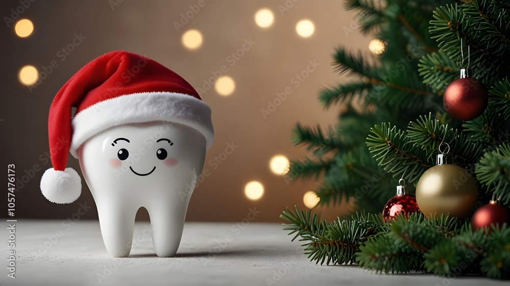 Toy tooth in santa hat with mirror and probe for new year creative dental christmas Toy tooth in santa hat with mirror and probe for new year creative dental christmas