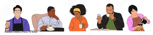 Set of Different business people drinking coffee, tea. Men, women working, talking by phone with cup of hot beverage drink. Barista puring coffee. Colored outline vector drawing isolated.