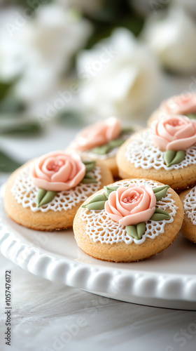 Elegant wedding favor cookies adorned with lace icing and floral designs for a perfect celebration