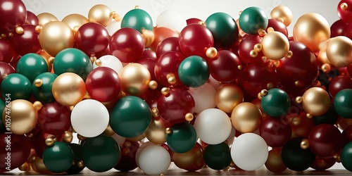 A vibrant and festive collection of balloons in shades of red, gold, white and green, creating a dynamic and celebratory backdrop.