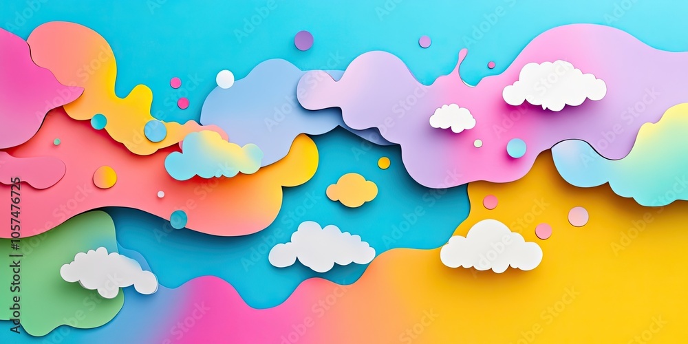 Vibrant paint splashes in abstract colors, featuring paper cut clouds. This modern concept for spring and summer uses a complementary color palette, ideal for 3D promotion with space for text. Vibrant paint splashes in abstract colors, featuring paper cut clouds. This modern concept for spring and summer uses a complementary color palette, ideal for 3D promotion with space for text.
