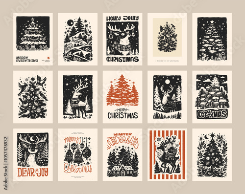 Merry Christmas and Happy New Year vertical flyer or poster template. Modern trendy Matisse minimal style. Hand drawn design for wallpaper, wall decor, print, postcard, cover, template, banner.