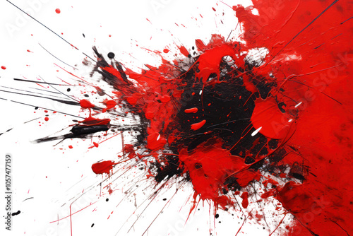 Intense red and black paint splashes with intricate details and textures on a stark white background