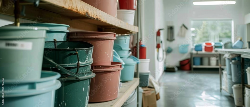 A variety of colored buckets, painted and speckled, line a rustic wooden shelf in a workshop hallway lit by soft natural light. A variety of colored buckets, painted and speckled, line a rustic wooden shelf in a workshop hallway lit by soft natural light.