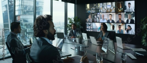 A modern conference room filled with professionals engaging in a virtual meeting displayed on large screens, set against a backdrop of city skyscrapers.