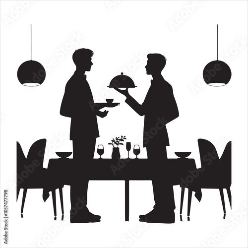 Black silhouette of a restaurant server walking with a tray on a clear white background