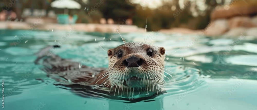 A playful otter surfaces in clear water, droplets glistening on its fur, exuding joy and freedom in its natural aquatic environment. A playful otter surfaces in clear water, droplets glistening on its fur, exuding joy and freedom in its natural aquatic environment.