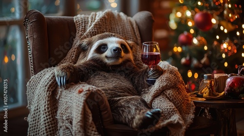 Sloth with wine in a chair. Selective focus photo