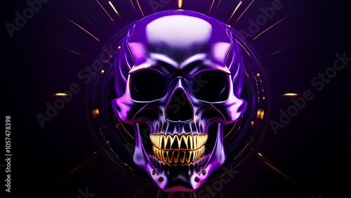 Purple skull with gold teeth and backlight on dark background.