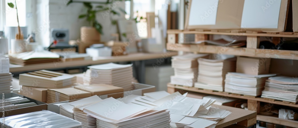 Stacks of paper and cardboard fill an airy, sunlit workshop, suggesting creativity and organization amidst a backdrop of wooden shelves and plants. Stacks of paper and cardboard fill an airy, sunlit workshop, suggesting creativity and organization amidst a backdrop of wooden shelves and plants.