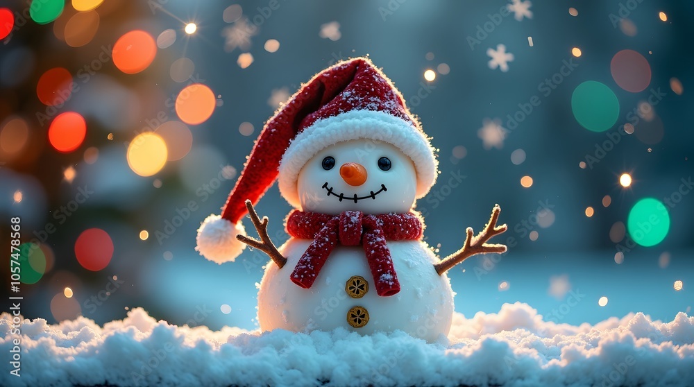 Charming snowman in a Santa hat, festive lights, snowfall; winter wonderland magic! Charming snowman in a Santa hat, festive lights, snowfall; winter wonderland magic!