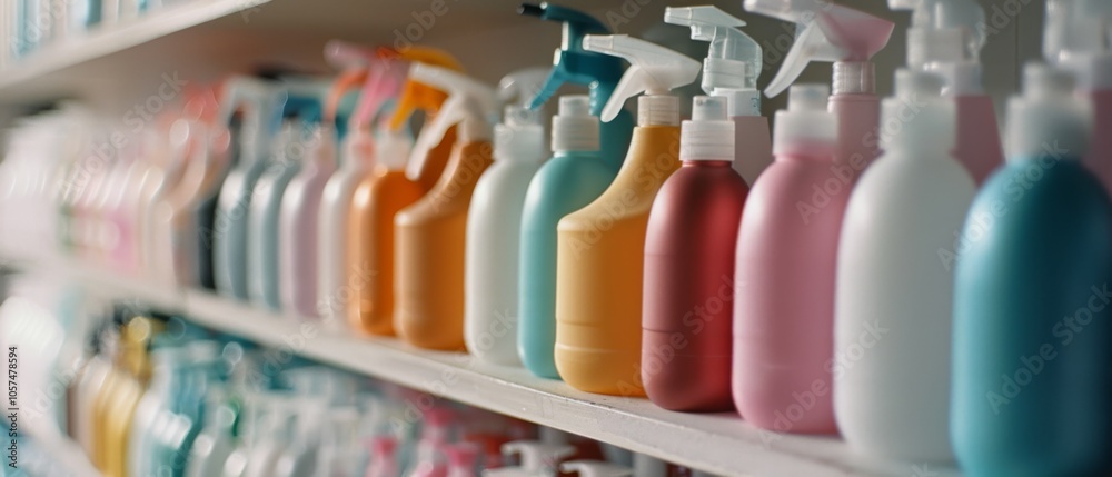 A vibrant array of colorful spray bottles lines a shelf, creating a cheerful gradient that catches the eye with its playful mix of hues. A vibrant array of colorful spray bottles lines a shelf, creating a cheerful gradient that catches the eye with its playful mix of hues.