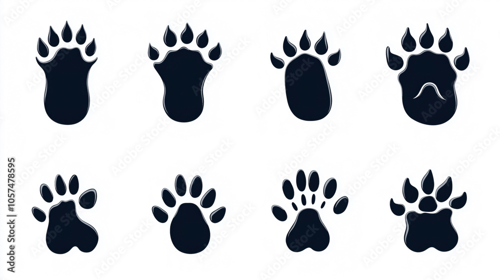 Collection of eight black animal paw print silhouettes on a white background, showcasing different shapes and sizes, ideal for wildlife or pet-related designs. Collection of eight black animal paw print silhouettes on a white background, showcasing different shapes and sizes, ideal for wildlife or pet-related designs.