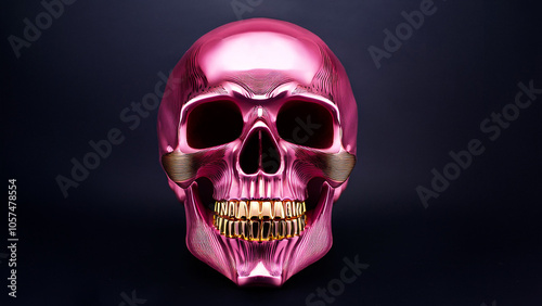 Bright pink skull with shiny gold teeth on a dark background.