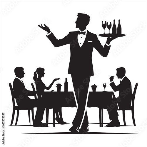 Black silhouette of a restaurant server walking with a tray on a clear white background