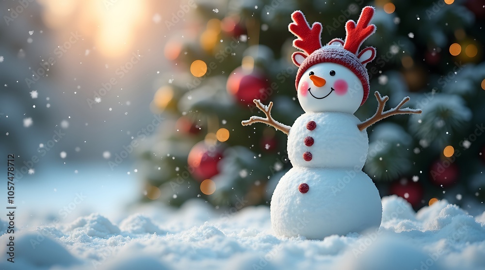 Joyful snowman in a festive red hat and reindeer antlers, cheerfully standing amidst a snowy winter wonderland near a glowing Christmas tree. Joyful snowman in a festive red hat and reindeer antlers, cheerfully standing amidst a snowy winter wonderland near a glowing Christmas tree.