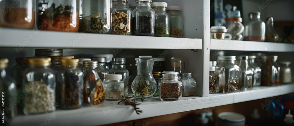 Glass jars filled with spices and herbs line neatly arranged shelves, creating a rustic and aromatic culinary display. Glass jars filled with spices and herbs line neatly arranged shelves, creating a rustic and aromatic culinary display.