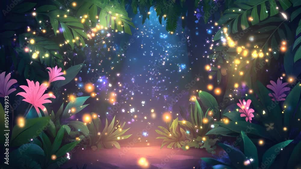 Mystical tropical forest with lush greenery and sparkling lights. Dreamy glow concept. Mystical tropical forest with lush greenery and sparkling lights. Dreamy glow concept.