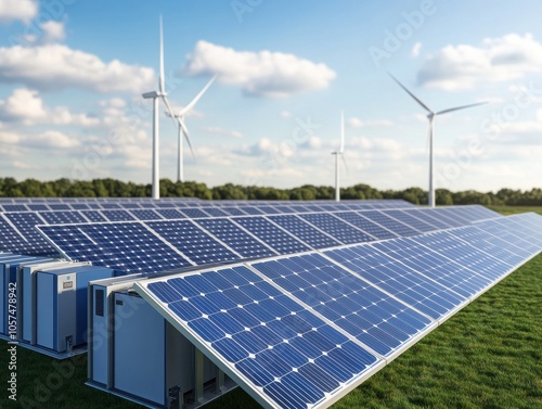 A scenic view of solar panels and wind turbines working together to harness clean energy under a bright sky. photo