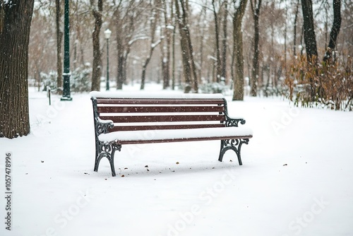 Empty snow-covered park bench in serene winter setting