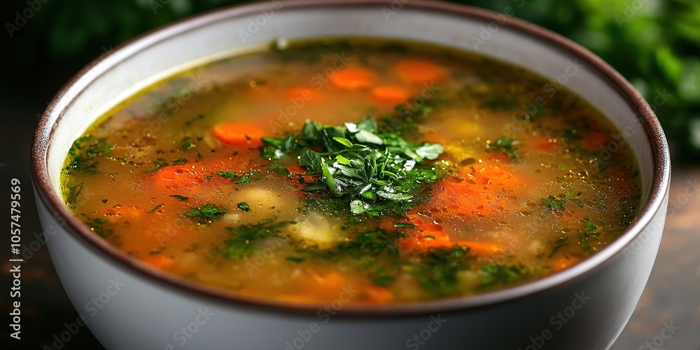 Bowl of hot soup with fresh herbs on top Bowl of hot soup with fresh herbs on top