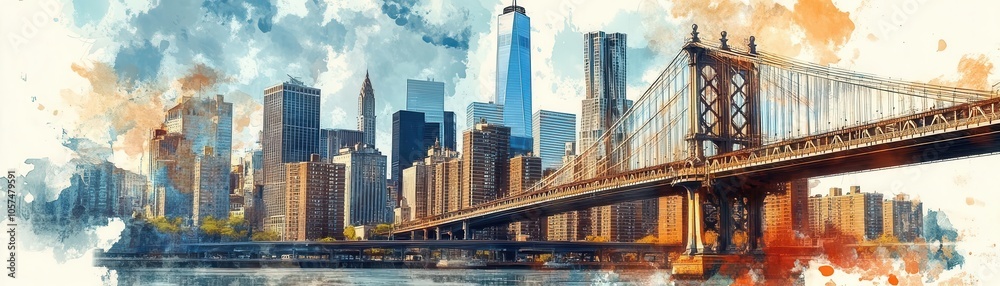 Obraz premium Skyscraper city framed by a bridge, modern architecture meeting classic design, watercolor style