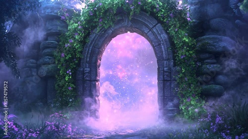 Large archway adorned with purple flowers under purple sky in green garden. Scenic garden concept.