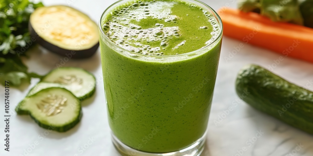 Fresh green smoothie with vegetables on marble table