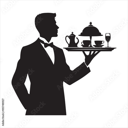 Black silhouette of a restaurant server walking with a tray on a clear white background 