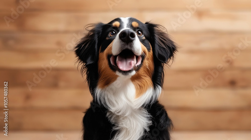 Close-up of a happy Bernese Mountain Dog with black, white, and brown fur against a blurred wooden background.