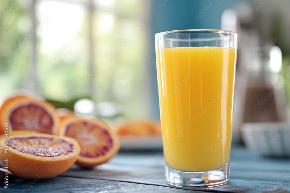 Fresh orange juice in glass with halved oranges Fresh orange juice in glass with halved oranges