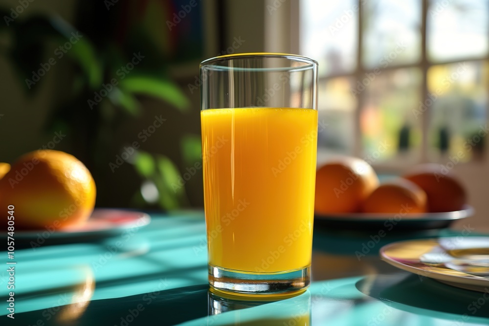 Sunlit glass of orange juice on vibrant table Sunlit glass of orange juice on vibrant table