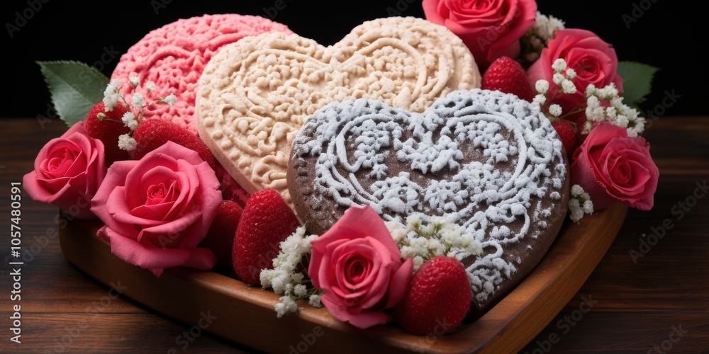 Sweetheart cookies and delicate roses arranged in a wooden heart-shaped tray, a delightful arrangement for a special occasion. Sweetheart cookies and delicate roses arranged in a wooden heart-shaped tray, a delightful arrangement for a special occasion.