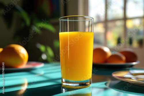 Sunlit glass of orange juice on vibrant table