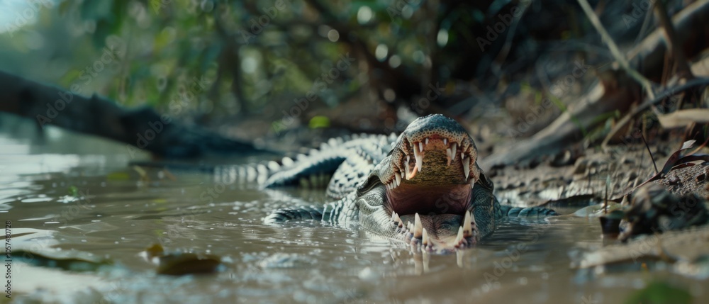 A close-up of a crocodile in shallow water, highlighting its scaly texture and open jaws, surrounded by lush vegetation. A close-up of a crocodile in shallow water, highlighting its scaly texture and open jaws, surrounded by lush vegetation.