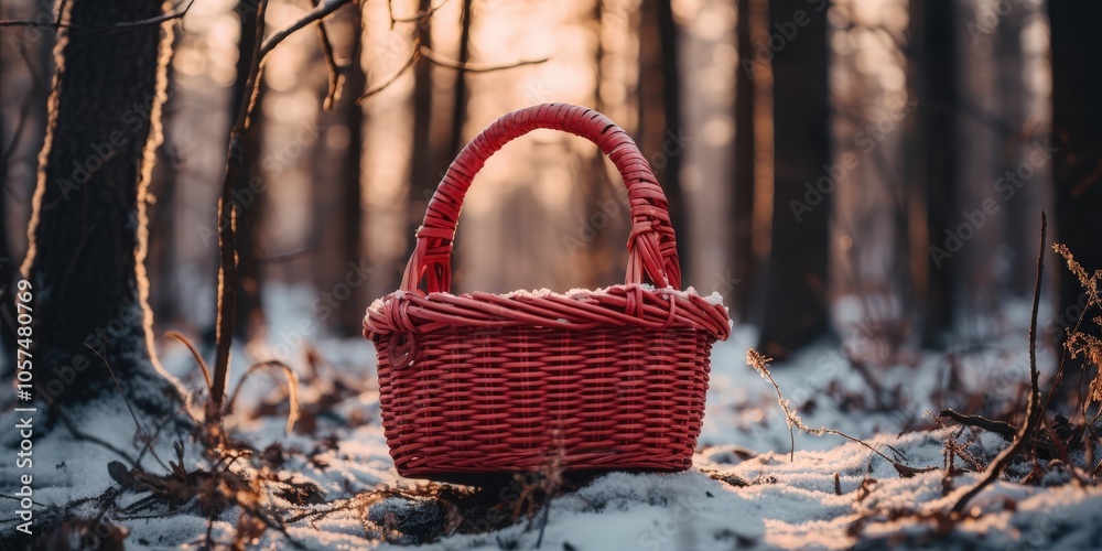 A Red Wicker Basket Resting on a Snowy Forest Floor, Bathed in the Golden Light of the Setting Sun A Red Wicker Basket Resting on a Snowy Forest Floor, Bathed in the Golden Light of the Setting Sun