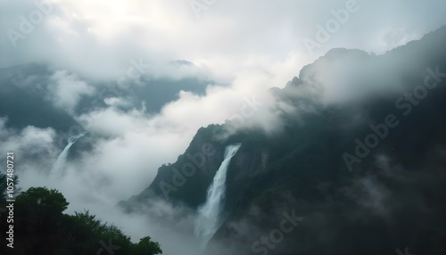 Majestic Waterfall Cascading Through Misty Mountains