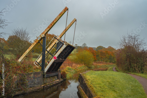 Bridge 23 in a raised position on the Caldon Canal, Stockton Brook during autumn.