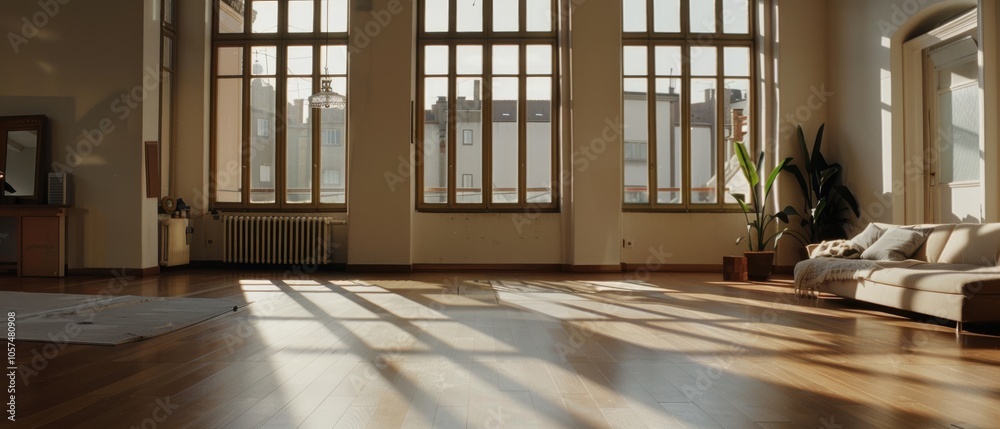 Spacious loft apartment bathed in golden sunlight with large windows, creating an inviting and tranquil living space. Spacious loft apartment bathed in golden sunlight with large windows, creating an inviting and tranquil living space.