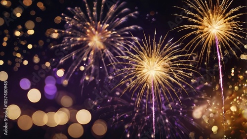 Gold and dark violet fireworks with bokeh lights on New Year's Eve, providing festive copy space.