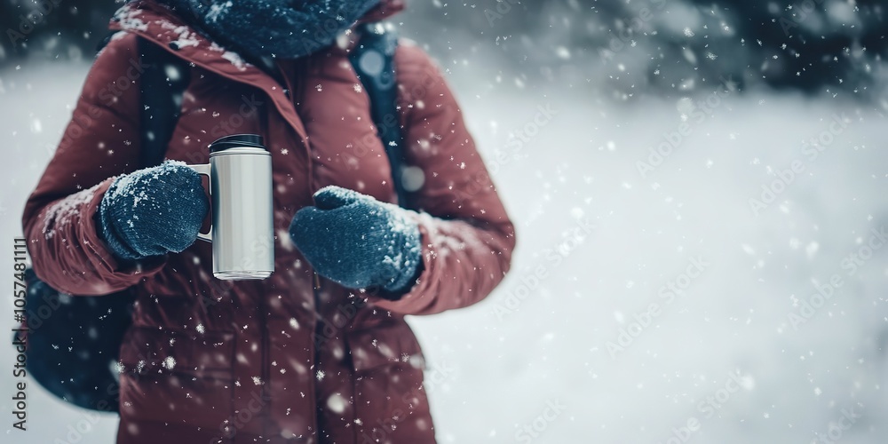 Person in winter gear holding a thermos cup in snow Person in winter gear holding a thermos cup in snow