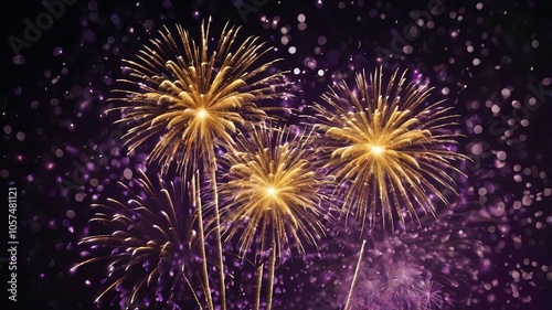 Gold and dark violet fireworks with bokeh lights on New Year's Eve, providing festive copy space.