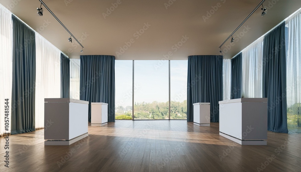 Obraz premium Display stands in a modern interior exhibition space with curtains and large windows. 3D Rendering